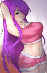 1340smile 1girls bangs breasts cleavage female female_only fire_emblem fire_emblem:_three_houses fire_emblem_warriors:_three_hopes hair_bun hair_over_one_eye highres large_breasts long_hair looking_at_viewer navel nintendo purple_eyes purple_hair shez_(female)_(fire_emblem) shez_(fire_emblem) shorts solo tank_top very_long_hair