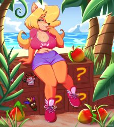 1girls alternate_version_available anthro bandicoot beach biting_lip blonde_hair blush cleavage clothed crash_(series) crate crop_top curvy eyeshadow female finger_to_mouth furry green_eyes hair_over_one_eye half-closed_eyes large_breasts long_hair mole_on_breast ocean okasaira shorts smile tawna_bandicoot voluptuous wumpa_fruit