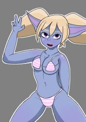 bikini blonde_hair blue_fur blue_skin jokilart league_of_legends league_of_legends:_wild_rift peace_sign poppy purple_eyes striped_panties yordle