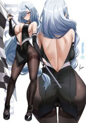 1girls ass big_ass big_breasts breasts embarrassed female female_focus female_only genshin_impact light-skinned_female light_skin long_hair looking_at_viewer looking_back multiple_views pantyhose piukute062 race_queen shenhe_(genshin_impact) thick_thighs thighs white_body white_hair white_skin