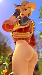 1girls ass ass_focus bottomless bottomless_female cowboy_hat fortnite fortnite:_battle_royale hand_on_waist looking_down looking_down_at_viewer partially_clothed partially_clothed_female pose posing rustler sixser