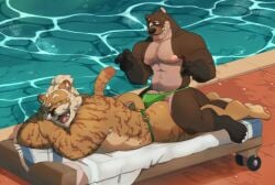 2boys anthro ass beard brown_body clothing duo facial_hair facial_piercing felid gay genitals hair hi_res kiba24 lutrine lying male male/male male_only mammal moustache muscular muscular_anthro muscular_male mustelid nipples nose_piercing nose_ring on_front outside pantherine pecs penis piercing poolside ring_piercing speedo striped_body stripes swimwear tiger water yaoi