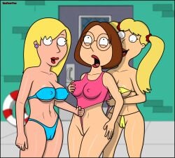 between_labia bikini blonde_hair blue_bikini brown_hair cameltoe cindi_(family_guy) connie_d'amico erect_nipples erect_nipples_under_clothes family_guy frontal_wedgie innie_pussy meg_griffin nipples_visible_through_clothing orgasm_face pink_swimsuit pool sexfightfun smiley_face swimming_pool swimsuit threesome wedgie yellow_bikini yuri