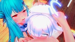 1boy 2girls 2girls1boy amemiya_nazuna assisted_fellatio blowjob blue_eyes blush cyan_hair deepthroat eyebrows_visible_through_hair fellatio ffm_threesome green_hair halo halo_grab heavy_blush hololive hololive_fantasy hololive_japan light-skinned_female light-skinned_male light_skin looking_at_viewer male male_pov pov red_eyes tagme threesome uruha_rushia virtual_youtuber vshojo wataamage white_hair