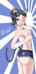 blue_eyes cat_ears cat_tail dita grey_hair grin grinning half_naked heart-shaped_pupils heart_eyes nekomimi no_bra not_furry qween1795 war_thunder white_skin