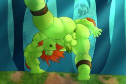 anus ass backsack balls bara big_ass blanka capcom crimsonmercury7192 flaccid gay green_skin hairy looking_back male male_only muscles muscular nude orange_hair penis solo solo_male spread_legs street_fighter