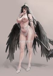 albedo_(overlord) axe black_hair black_wings breasts bridal_veil detached_sleeves feathered_wings female finger_to_mouth full_body garter_belt garter_straps high_heels highres janggun jeneral lace-trimmed_panties lace_trim large_breasts lingerie long_hair looking_at_viewer low_wings navel nipples no_bra overlord_(maruyama) panties simple_background solo standing stomach succubus succubus_horns succubus_wings thighhighs underwear veil very_long_hair white_panties wings