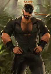 1boy 1male arm_hair bara beard bearded big_arms bulge chest_hair clothed clothing daddy dopq eye_patch gay hairy hairy_arms hairy_chest large_pectorals looking_at_viewer male male_only muscle muscles muscular muscular_arms open_jacket pecs pectorals smile smiling smiling_at_viewer