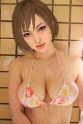 1girls 3d big_breasts bikini bikini_top brown_hair cleavage colove123 dynasty_warriors edit female female_only green_eyes large_breasts looking_at_viewer shower showering small_bikini smile smiling smiling_at_viewer solo solo_female sun_shang_xiang tile_wall wall water wet wet_body