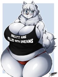 1girls 2021 4k absurd_res anthro belly big_breasts black_nose blue_eyes breasts canid canine canis cleavage clothed clothing cumu curvaceous curvy curvy_body curvy_female curvy_figure dated digital_drawing_(artwork) digital_media_(artwork) domestic_dog english_text eyewear female female_focus female_only fluffy fluffy_tail fur furry glasses hair hands_behind_back hi_res huge_breasts legs_together looking_at_viewer mammal midriff neck_tuft nordic_sled_dog samoyed shirt short_hair signature slightly_chubby smile solo spitz standing superix tank_top text thick_thighs thong topwear tuft underwear voluptuous white_body white_fur white_hair