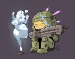 1boy 1girls 2d alternate_costume anthro artificial_intelligence breasts chubby cortana cortana_(cosplay) cosplay crossover cumbread female female_focus frisk funny furry gun halo_(series) large_breasts revealing_clothes toriel undertale undertale_(series) unsc_marine weird_crossover