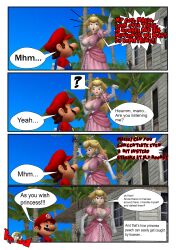 1boy 1girls 3d 4koma absurdres alternate_breast_size annoyed big_breasts blonde_hair blue_eyes blush breasts brown_hair busty cleavage_cutout clothing_cutout comic distracted dress english_text facial_hair female gloves highres kyosaeba large_breasts lipstick long_hair looking_at_breasts makeup male mario mario_(series) moustache nintendo open_mouth overalls pink_lips princess princess_peach smile super_smash_bros. voluptuous