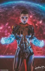 1girls 2022 3d athletic_female biotics bioware black_hair black_pubic_hair breast_tattoo chest_tattoo collar fanart female female_only front_view full-body_tattoo full_body_tattoo human jack_(mass_effect) large_breasts leg_tattoo lustie3d magic mass_effect nude nude_female pinup pubic_hair sci-fi science_fiction short_hair slushe_(website) solo solo_female standing tattoo