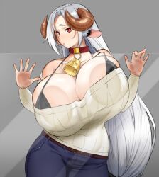 1girls against_glass animal_ears bangs bare_shoulders bell belt black_bra bra bralines breast_press breasts breasts_on_glass burakku-ra cleavage collar commission covered_navel cow_ears cowbell curled_horns curvy denim female grey_background heart highres horns huge_breasts jeans large_areolae long_hair low-tied_long_hair mole mole_under_eye neck_bell off-shoulder_sweater off_shoulder original pants parted_bangs plump red_eyes ribbed_sweater silver_hair simple_background solo standing sweater underwear venus_body very_long_hair white_sweater