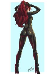 1girls arms_up ass big_ass big_breasts big_butt black_latex clothing female female_only footwear handwear high_heels holding_hair human latex medium_breasts mitsuru_kirijo omniformblue pale_skin persona persona_3 persona_4_arena ponytail red_hair simple_background solo solo_female tagme