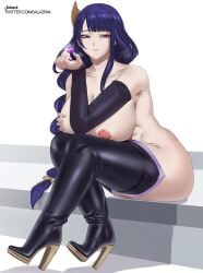 boots female female_only genshin_impact hi_res high_heel_boots huge_ass huge_breasts light-skinned_female mihoyo purple_hair raiden_shogun salazr4 sitting thigh_boots