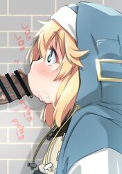 2boys blonde_hair blowjob blue_eyes blush bridget censor_bar censored dark-skinned_male dark_skin fellatio femboy fully_clothed guilty_gear guilty_gear_strive hoodie light_skin long_hair male male/male male_only oral oral_sex otoko_no_ko penis pubic_hair pubic_hair_peek stray_pubic_hair toudori upper_body yaoi