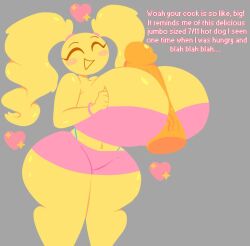 1girls bimbo brittany_(moonstadew) emoji_(race) huge_ass huge_breasts huge_cock moonraige moonstadew no_outlines original_character paizuri pigtails text thick_thighs yellow_skin