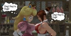 2girls 3d big_breasts blue_eyes breast_press breasts brown_hair busty cleavage crossover dress english_text fatal_fury female female_only highres king_of_fighters kyosaeba lipstick long_hair mai_shiranui makeup mario_(series) multiple_girls nintendo open_mouth pink_lips ponytail princess princess_peach red_lips sideboob smile snk symmetrical_docking voluptuous