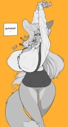 2023 anthro arms_above_head big_breasts biped bottomwear breasts button_pop canid canine clothing crackiepipe denisse denisse_(crackiepipe) female fox greyscale hair hi_res huge_breasts mammal monochrome orange_background simple_background skirt solo