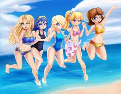 5girls alternate_costume barefoot beach bikini bikini_top black_swimsuit blue_bikini blue_swimsuit breasts cleavage company_connection crossover female female_only fire_emblem fire_emblem_awakening long_hair lucina_(fire_emblem) mario_(series) medium_hair navel nin10ja nintendo one-piece_swimsuit orange_bikini orange_swimsuit pink_bikini pink_swimsuit ponytail princess_daisy princess_peach princess_rosalina princess_zelda sarong super_smash_bros. swimsuit the_legend_of_zelda water zelda_(a_link_between_worlds)