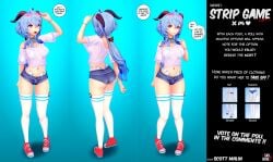 3d anime_style big_breasts big_thighs blue_hair busty dialogue dialogue_bubble ganyu_(genshin_impact) genshin_impact horn horns hot_pants hotpants koikatsu long_hair looking_at_viewer plain_background purple_eyes sanguine3dx shorts smile smiling sneakers speech_bubble strip_game sunglasses_on_head thighhighs thighs transparent_clothing wide_hips