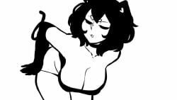 1girls animated animation bent_over black_bra black_cat_ears black_cat_tail black_hair black_panties bra breasts cat_ears cat_tail cleavage dialogue emmpy looking_at_viewer neko nine_(emmpy) no_sound oc panties red_text shorter_than_10_seconds shorter_than_30_seconds solo taking_panties_off text undressing video white_background wink winking winking_at_viewer