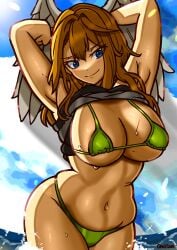 1girls absurdres angel_wings armpits arms_behind_head artist_name beach big_breasts bikini blue_eyes breasts brown_hair busty cleavage clothes_lift eunie_(xenoblade) green_bikini highres large_breasts legs navel ocean oniisan02b pose posing sensual shirt_lift smile solo swimsuit thick_thighs thighs underboob voluptuous water wet wings xenoblade_(series) xenoblade_chronicles_3