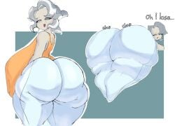 1girls ass ass_focus big_ass breasts clothing cookie_run dialogue eyelashes fat_ass female female_only fully_clothed gilf gray_hair grey_eyes grey_skin hair huge_ass huge_breasts human humanized large_ass large_breasts looking_at_viewer looking_back milf motylek open_mouth oyster_cookie pants presenting rear_view sideboob simple_background smile solo tank_top teasing thick_thighs yoga_pants