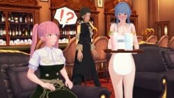 1boy 2girls 3d alcohol apron black_hair blue_hair breasts claude_von_riegan cleavage clothed_female_nude_female clothed_male_nude_female drink fire_emblem fire_emblem:_three_houses garreg_mach_monastery_uniform glass_cup hair_bun hilda_valentine_goneril jollyoldsoldier long_hair marianne_von_edmund naked_apron nintendo nude_female pink_hair short_hair source_request source_smaller tray twintails