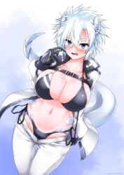 artist_name bangs belt bikini black_belt black_bikini black_gloves blue_eyes blush breasts chest_belt cleavage clothes_pull collarbone commentary_request cowboy_shot dragon_girl dragon_tail female g_(genesis1556) gloves groin hair_between_eyes hand_up highres horns jacket large_breasts long_sleeves messy_hair monster_girl navel oerba_yun_fang open_clothes open_jacket open_mouth original pants pants_pull pulled_by_self scales scar short_hair side-tie_bikini_bottom sidelocks silver_hair solo standing stomach sweat swimsuit tail tsubasa_ryuuji white_jacket white_pants