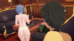 1boy 2girls 3d apron ass black_hair blue_hair claude_von_riegan clothed_female_nude_female clothed_male_nude_female drink fire_emblem fire_emblem:_three_houses garreg_mach_monastery_uniform hair_bun hilda_valentine_goneril jollyoldsoldier long_hair marianne_von_edmund naked_apron nintendo nude_female pink_hair short_hair source_request source_smaller tray