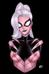 1girls 2022 2dnsfw 2dswirl big_breasts biting_lip black_cat_(marvel) blush breasts felicia_hardy female female_only fishnets light-skinned_female light_skin marvel marvel_comics night-spider solo spider-man_(series) white_hair