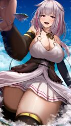 1girls big_breasts blush breasts cleavage clouds female floating_island giantess goddess kanzaki_kureha open_mouth short_skirt thick_thighs thighhighs two_tone_hair