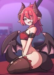 1girls 2022 adav_(vadaboob) ass blush bottomless demon_girl demon_horns demon_tail demon_wings eye_patch fangs flat_chest hat horns kneeling light-skinned_female light_skin looking_at_viewer no_shoes original pointy_ears ponytail red_eyes red_hair tagme tail thighhighs top_hat vadaboob wings