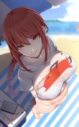 beach big_breasts bra bralines chainsaw_man kippuru looking_at_viewer makima_(chainsaw_man) no_pants red_hair see-through see-through_clothing thick_thighs yellow_eyes