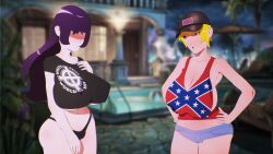 2girls american_flag baseball_cap big_breasts bigotry blonde_hair blush caucasian caucasian_female celtic_cross confederate_flag confederate_flag_bikini females_only flirting goth goth_girl jean_shorts long_hair looking_at_another mixer no_eyes pale-skinned_female pale_skin politics pool racism revealing_clothes short_hair skimpy skimpy_clothes softcore_works standing thong trailer_trash underboob united_states_of_america