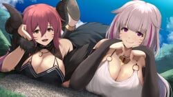 2girls blush breast_crush breasts city cleavage demon_girl female giantess goddess horns huge_breasts kanzaki_kureha looking_at_viewer two_tone_hair