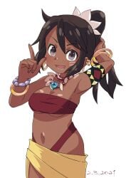 1girls arm_behind_head armpits bandeau big_breasts black_hair breasts busty cleavage dark-skinned_female etrian_odyssey female female_only grey_eyes highleg highleg_swimsuit highres index_finger_raised legs medium_breasts navel open_mouth ponytail sarong shilleka smile solo swimsuit thighs underboob