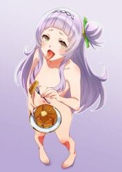 1girls feet female female_only flat_chest fork grey_hair hair_covering_nipples hololive hololive_gen_2 hololive_japan light-skinned_female long_hair murasaki_shion naked nude pancake pancakes standing toes tongue tongue_out virtual_youtuber zabudog777