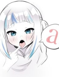 1girls bangs blue_eyes blue_hair blunt_bangs blush english_text female female_only gawr_gura hair_ornament hololive hololive_english hololive_myth inviting noerunoillust open_mouth pigtails pointing pointing_at_mouth sharp_teeth solo solo_focus speech_bubble teeth tongue tongue_out upper_teeth virtual_youtuber white_background white_hair