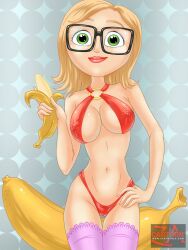 1girls banana blonde_hair blunt_(artist) cartoonza.com clothing cloudy_with_a_chance_of_meatballs collection female female_focus female_only food glasses green_eyes pose reporter samantha_sparks skimpy skimpy_clothes solo solo_female sony_corporation sony_pictures_animation
