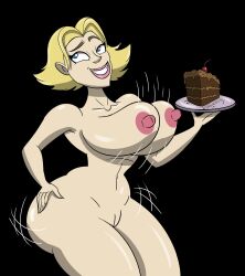 alternate_version_available black_background blonde_hair blue_eyes chocolate_cake drawsputin gigantic_ass hand_on_hip kate_reynolds lipstick long_breasts motion_lines nicolas_cage_wants_cake nipples nude pussy shaved_pussy swinging_breasts tea_leoni the_family_man thin_waist wide_hips