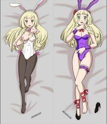 1girls blonde blonde_hair blush boobs breasts bunny_girl bunnysuit cleavage collar dakimakura female female_only green_eyes lillie_(pokemon) lying lying_down lying_on_back lying_on_bed pokemon pokemon_sm reaching_out ribbon ribbons sesshoalex solo tights touching_nipple