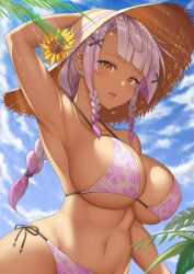 arm_up armpits bangs bare_arms bare_shoulders bikini blue_sky blush braid braided_ponytail breasts brown_eyes brown_headwear cleavage collarbone commentary_request dana_(yasojima_nejiro) dark-skinned_female dark_skin day female floral_print flower hair_ornament halterneck hand_on_headwear hat hat_flower highres large_breasts long_hair looking_at_viewer multicolored_hair navel open_mouth original outdoors pink_hair plant print_bikini sexy_armpits side-tie_bikini_bottom sky solo stomach straw_hat streaked_hair string_bikini sun_hat sunflower swimsuit underboob upper_body white_hair x_hair_ornament yasojima_nejiro