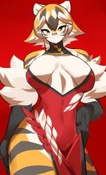 1girls amber_eyes anthro arknights aspirindabaitu big_breasts breasts chinese_clothes female glasses looking_at_viewer mx99926 red_background smile solo solo_female tagme tiger tiger_girl waai_fu_(arknights)