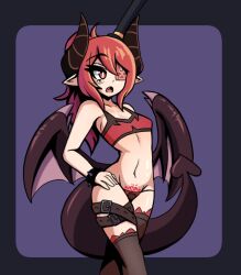 1girls 2022 adav_(vadaboob) belts blush demon_girl demon_horns demon_tail demon_wings eye_patch flat_chest hand_on_hip hat horns long_hair navel original panties ponytail red_eyes red_hair standing tagme tail thighhighs top_hat vadaboob wings