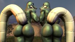 anthro ass big_butt blue_eyes breasts bubble_butt crocodilian duo female grass green_body hi_res huge_butt kyleroo looking_at_viewer looking_back muscular muscular_female nude open_mouth outside petruz_(copyright) plant purple_eyes raised_tail rear_view reptile scalie side_boob smile surprised_expression teeth wall_(structure) wide_hips