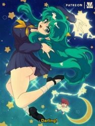 1boy 1girls alternate_version_available anklehighs ass ataru_moroboshi blue_eyes blue_hair bluethebone horns lum mary_janes needs_tags panties retro_artstyle school_uniform shoes skirt socks tagme turn_cuff_socks urusei_yatsura white_socks