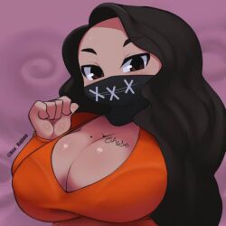 2019 big_breasts black_hair breasts brown_eyes chyna_chase cleavage digital_drawing_(artwork) digital_media_(artwork) fanart female female_only human long_hair looking_at_viewer mask masked_female model neo_hajime real_person shirt solo solo_female